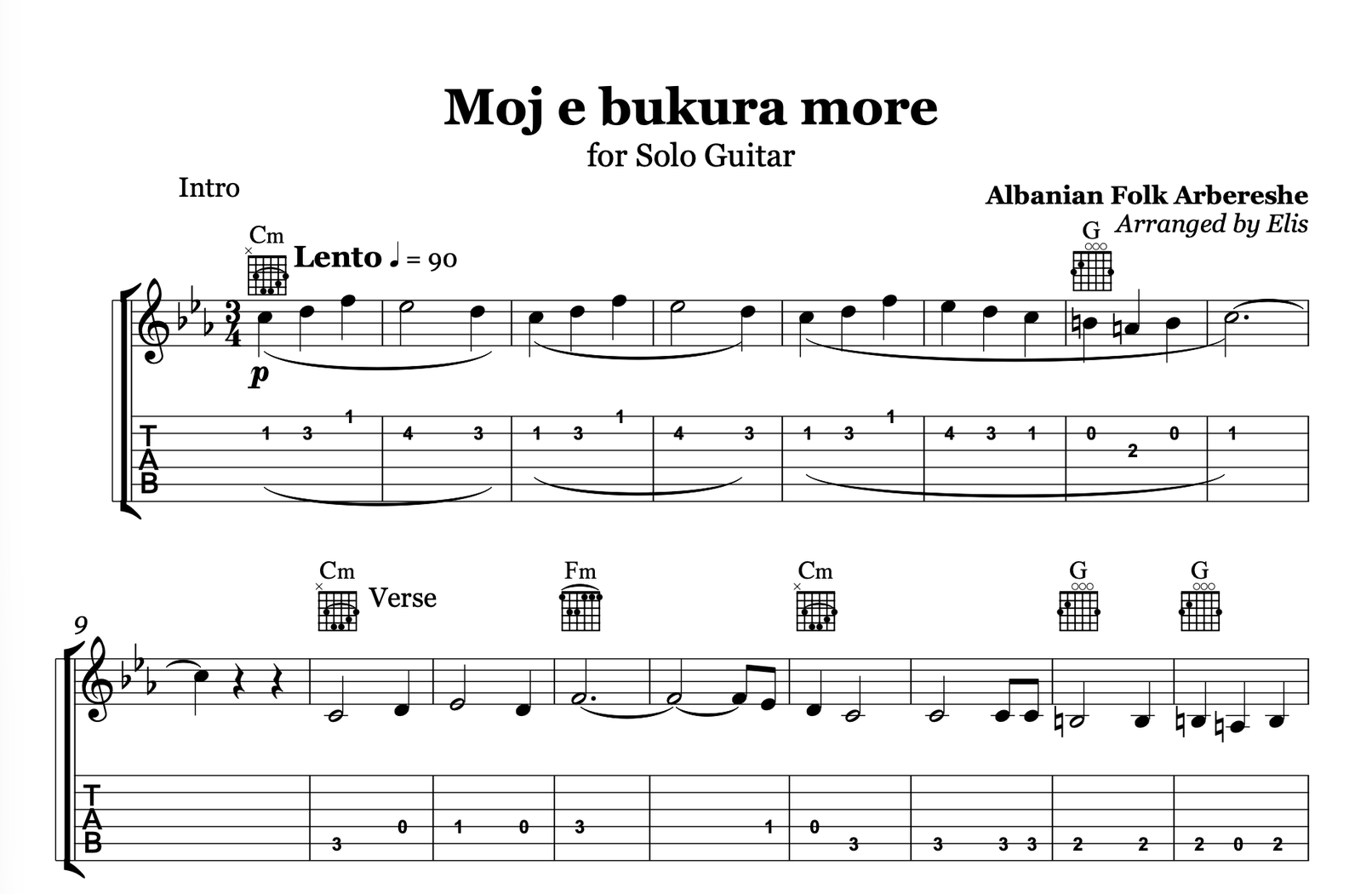 Moj e Bukura More – Guitar Sheet Music and Chords - Alb Music Notes