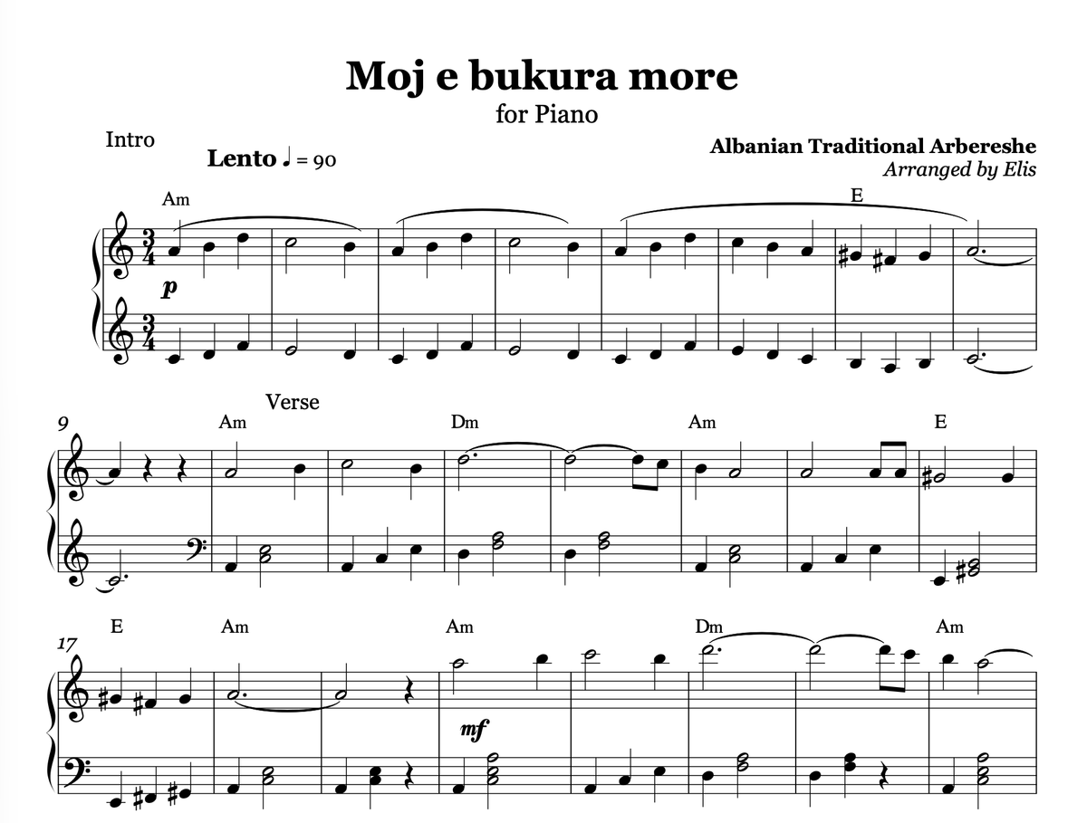 Moj e Bukura More – Piano Sheet Music | Albanian Folk Song | Alb