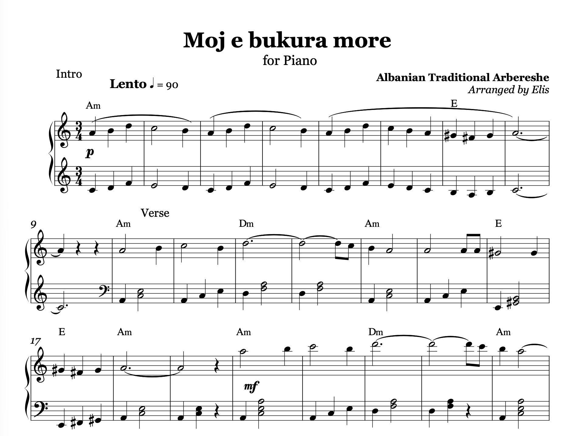 Moj e bukura more, Piano Sheet Music and Chords - Alb Music Notes