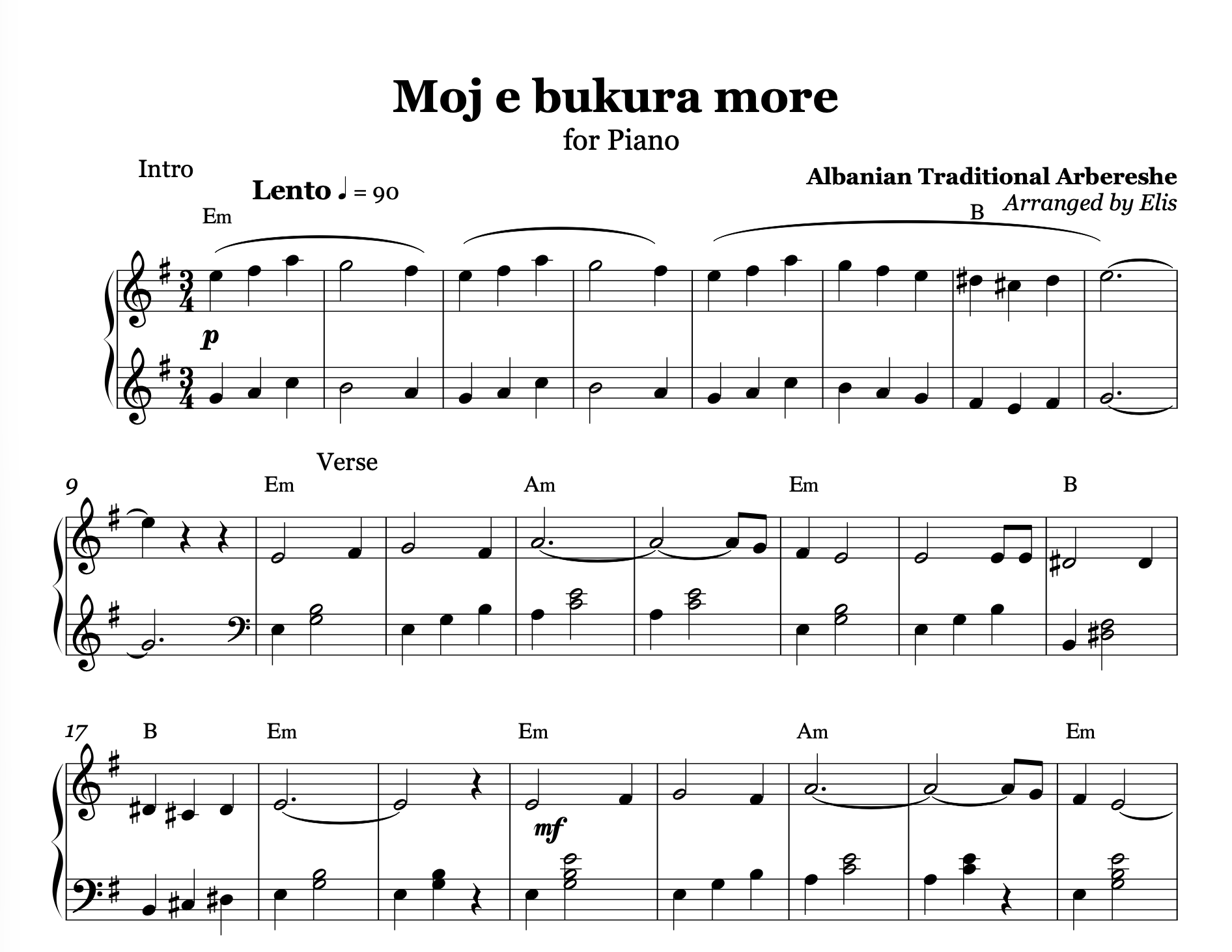 Moj e bukura more, Piano Sheet Music and Chords - Alb Music Notes