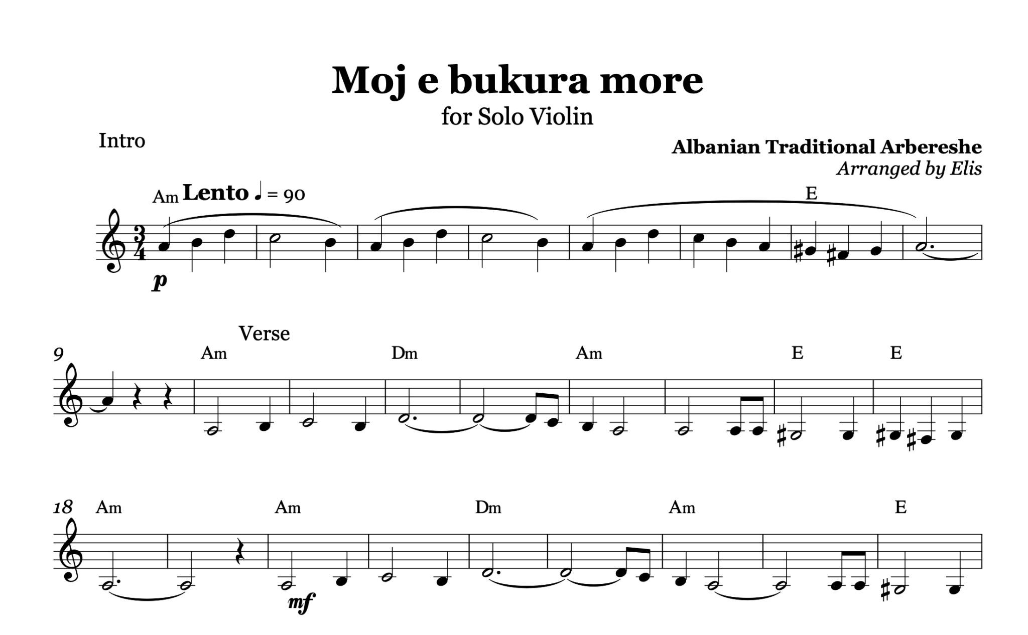 Moj e Bukura More – Violin Sheet Music and Chords - Alb Music Notes