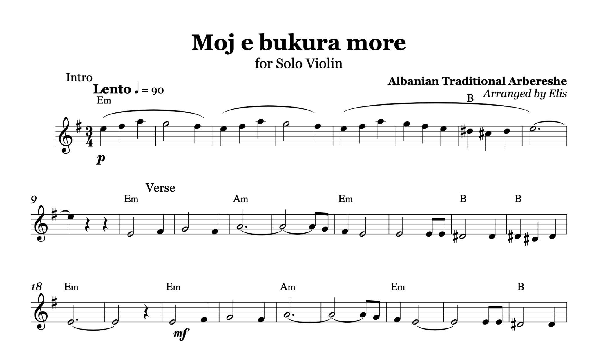 Moj e Bukura More – Violin Sheet Music and Chords - Alb Music Notes