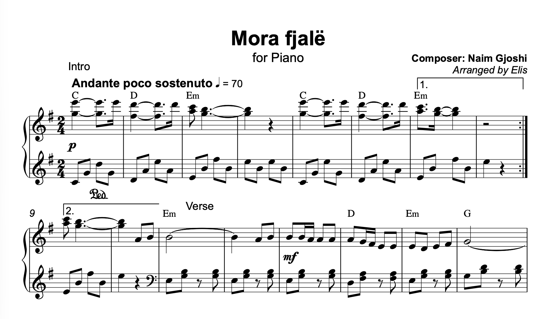 Mora fjalë, Piano sheet + chords - Alb Music Notes