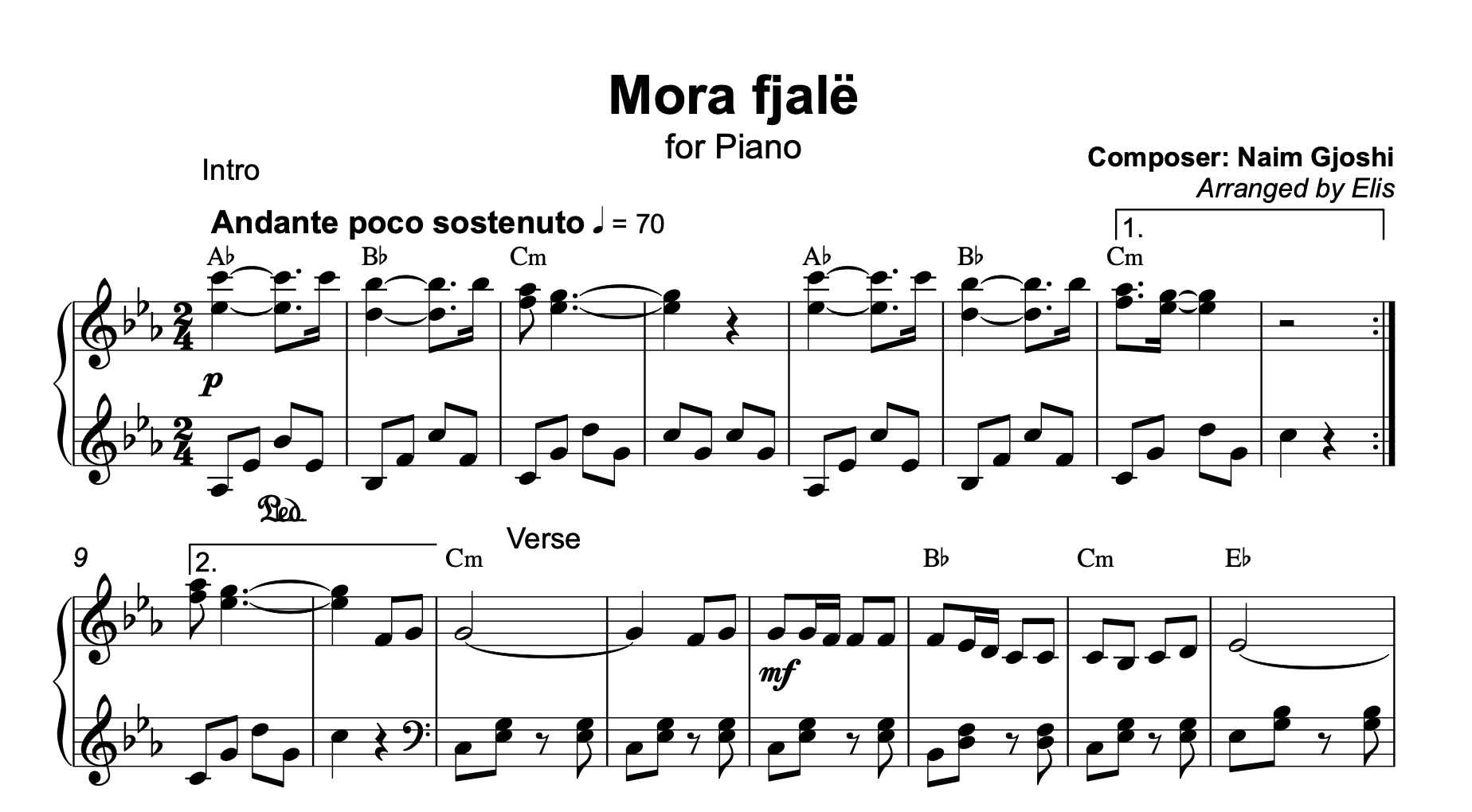 Mora Fjalë – Albanian Piano Sheet Music + Chords | Traditional