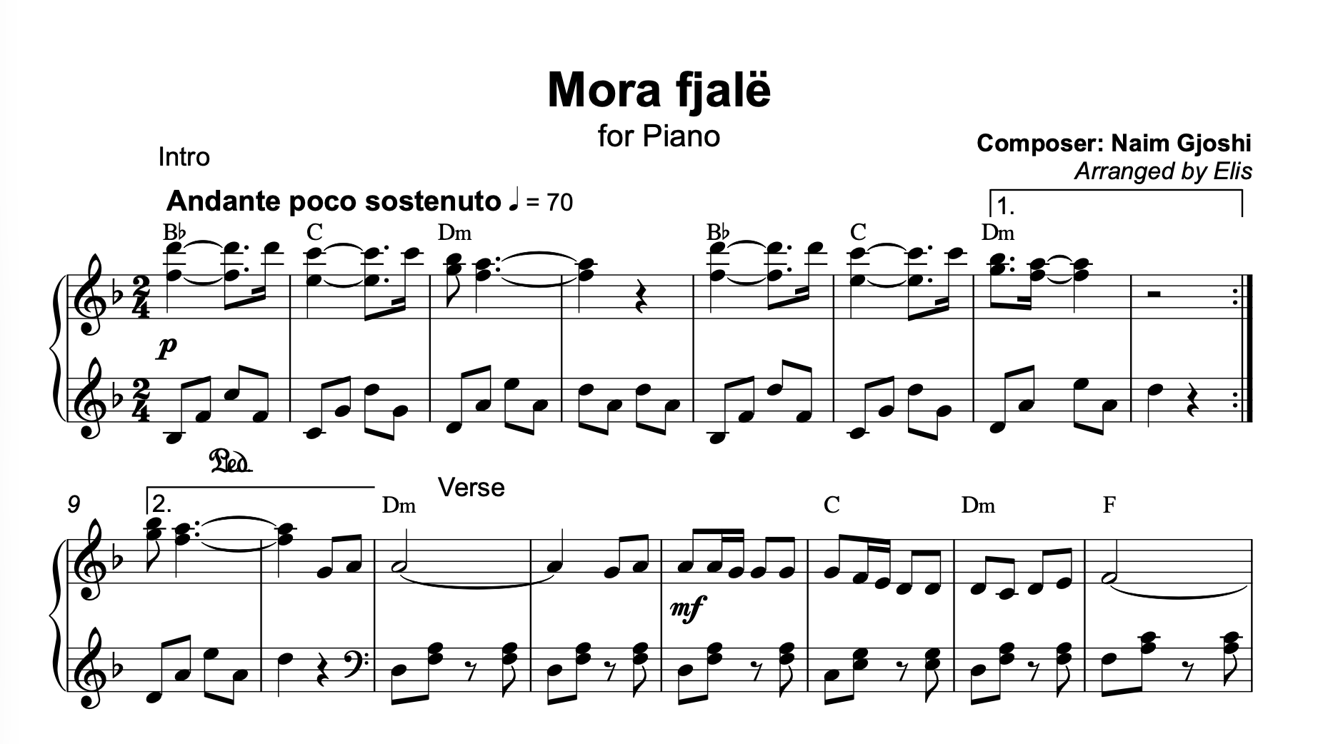 Mora Fjalë – Albanian Piano Sheet Music + Chords | Traditional