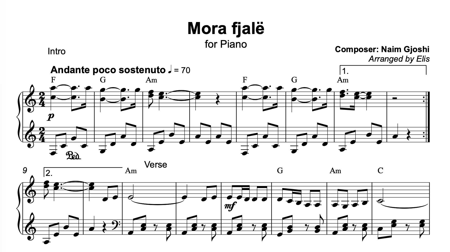 Mora fjalë, Piano sheet + chords - Alb Music Notes