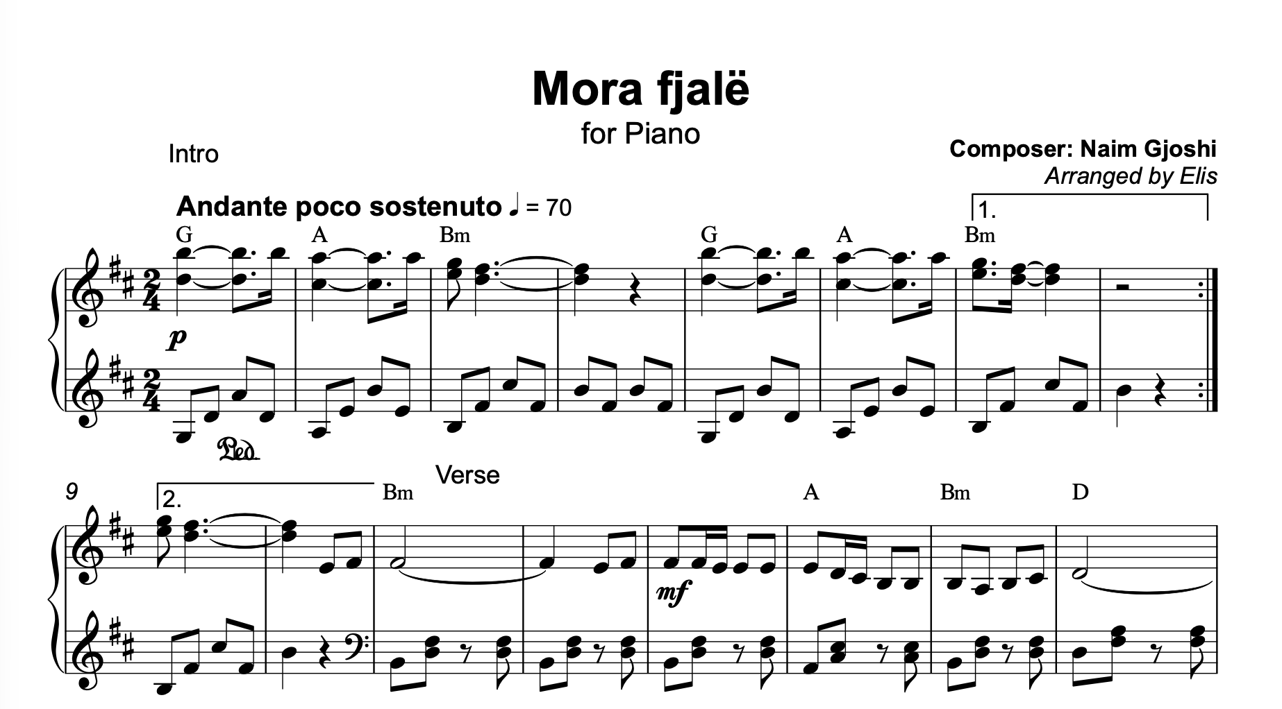 Mora fjalë, Piano sheet + chords - Alb Music Notes