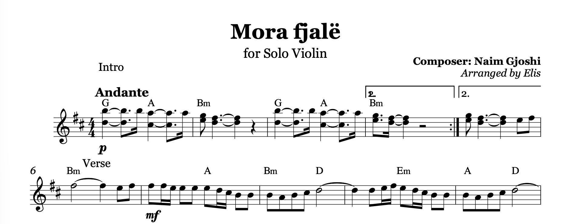 Mora fjalë, Violin Sheet Music - Alb Music Notes