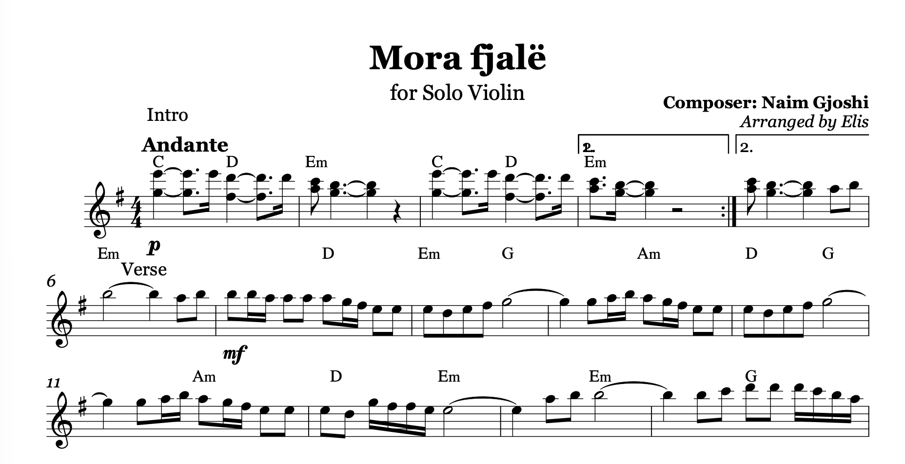 Mora fjalë, Violin Sheet Music - Alb Music Notes