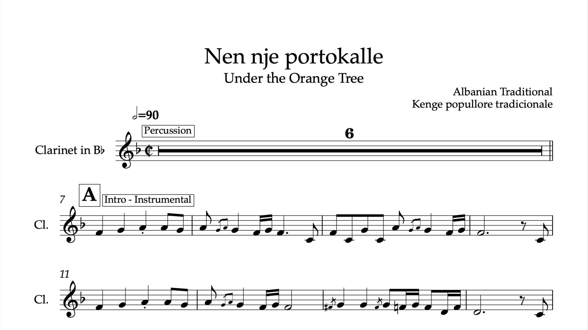 Nen nje portokalle, Clarinet Sheet Music - Alb Music Notes