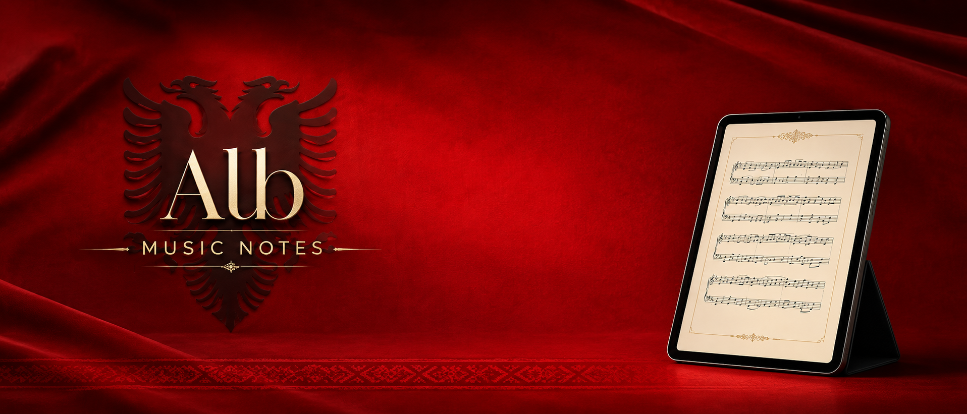 Tablet displaying music notes on a red background with 'Aub Music Notes' logo.