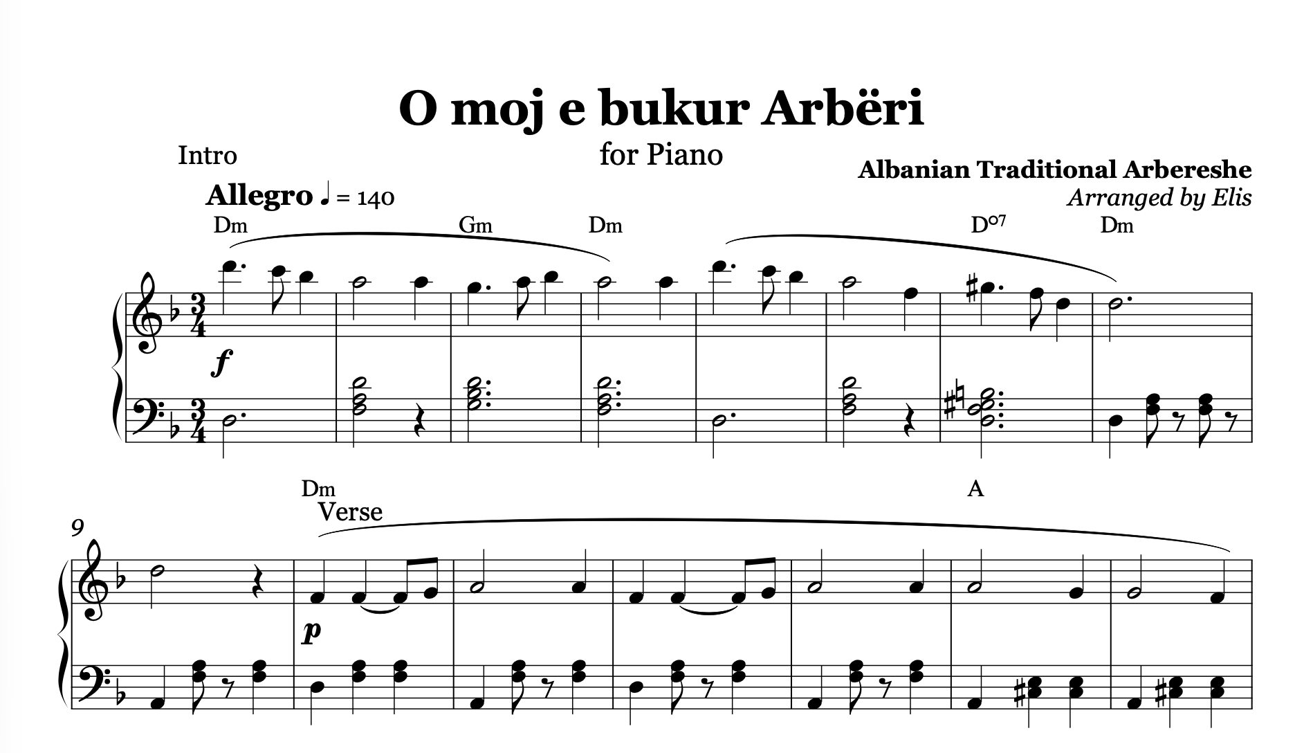 O Moj e Bukur Arbëri, Piano Sheet Music and Chords - Alb Music Notes