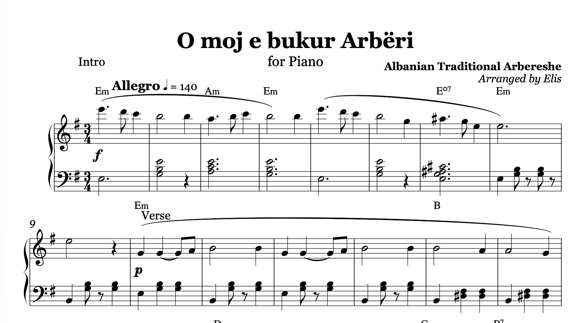 O Moj e Bukur Arbëri, Piano Sheet Music and Chords - Alb Music Notes