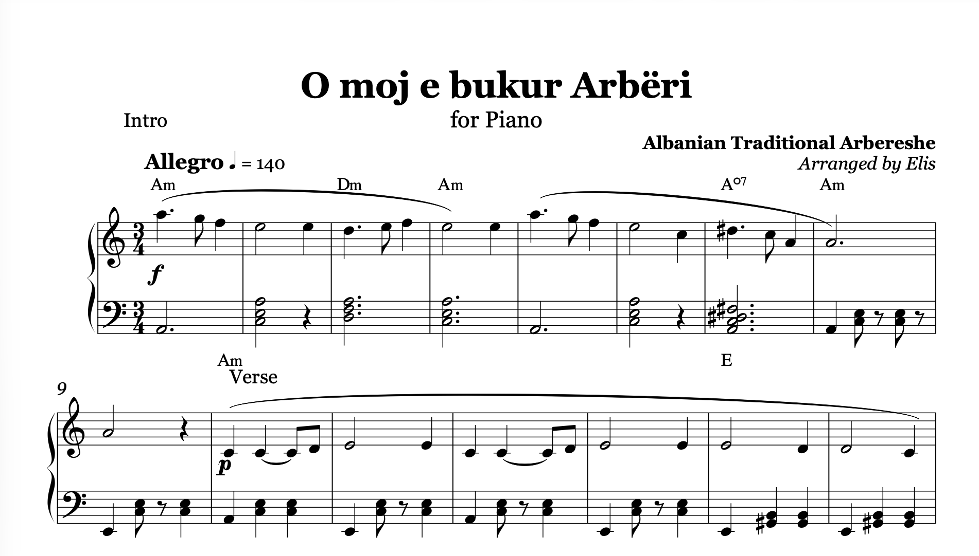 O Moj e Bukur Arbëri, Piano Sheet Music and Chords - Alb Music Notes