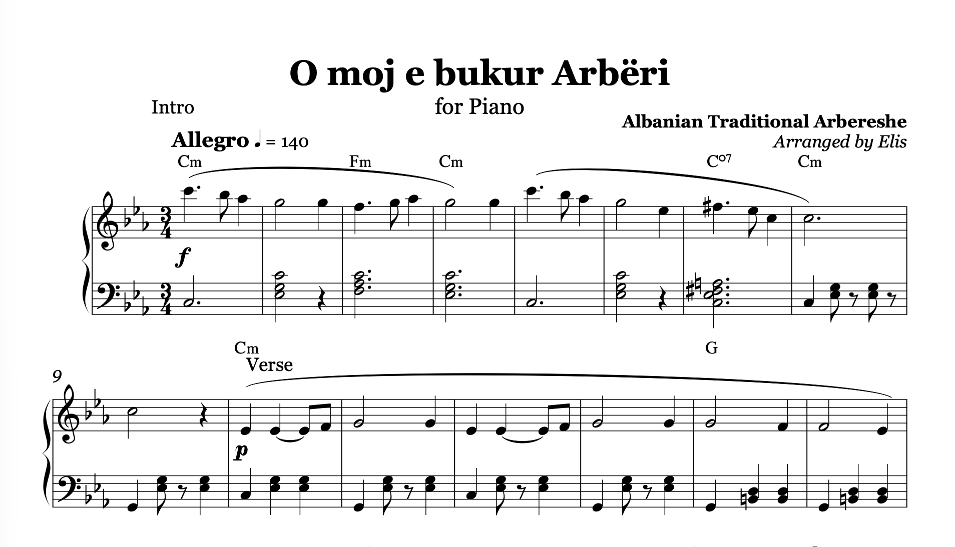 O Moj e Bukur Arbëri, Piano Sheet Music and Chords - Alb Music Notes