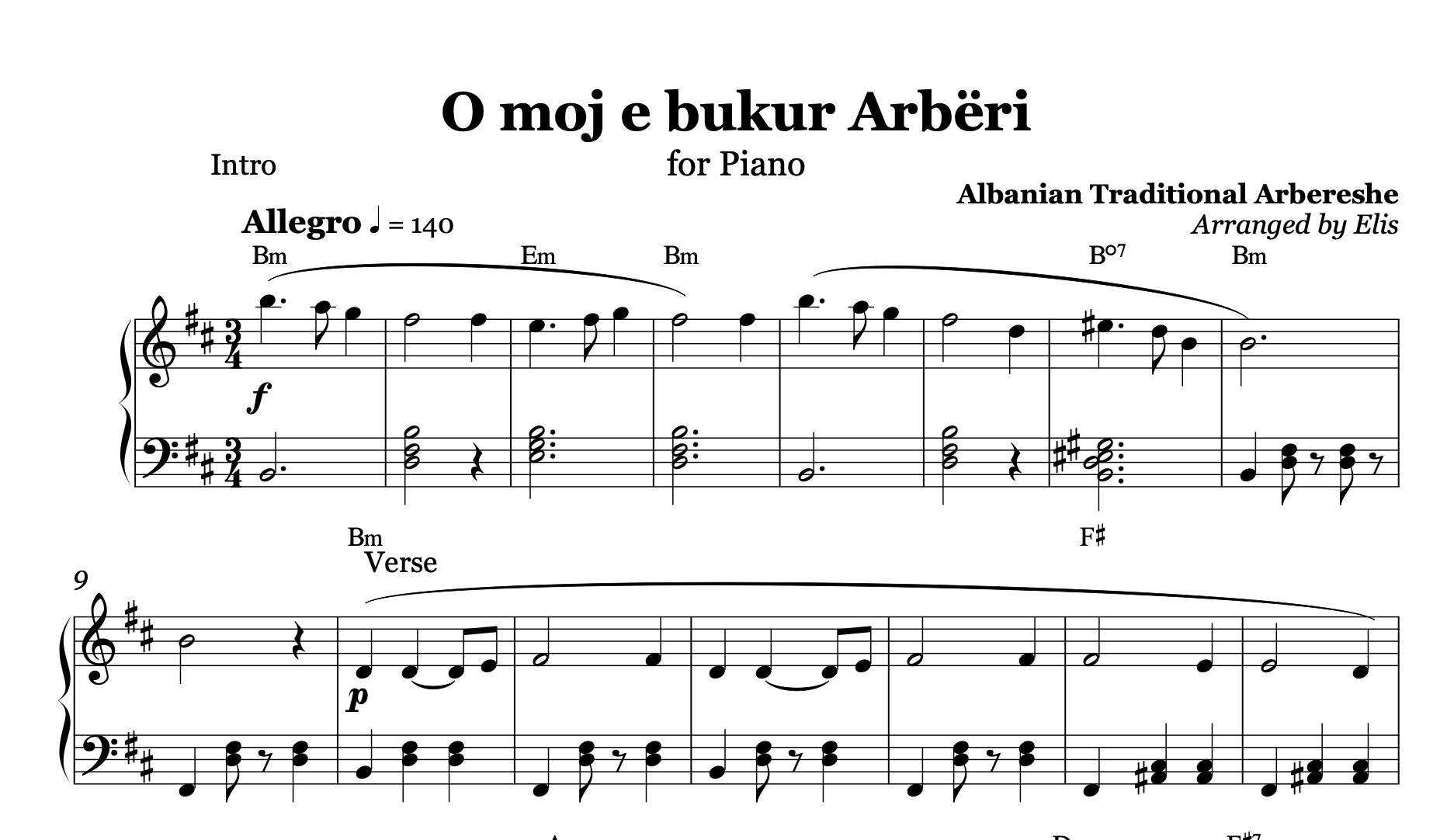 O Moj e Bukur Arbëri, Piano Sheet Music and Chords - Alb Music Notes