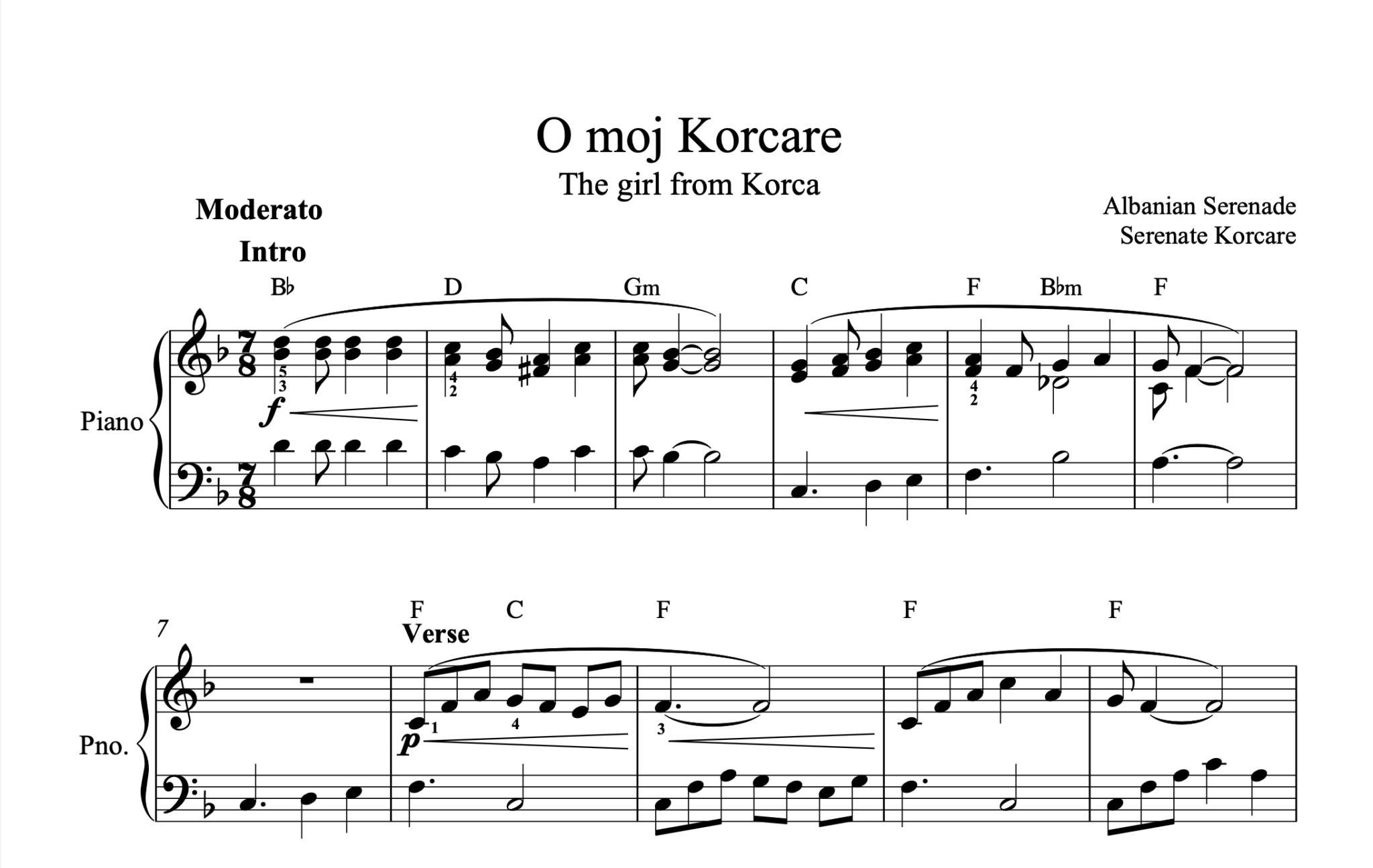 O moj Korcare, Piano sheet + Chords - Alb Music Notes