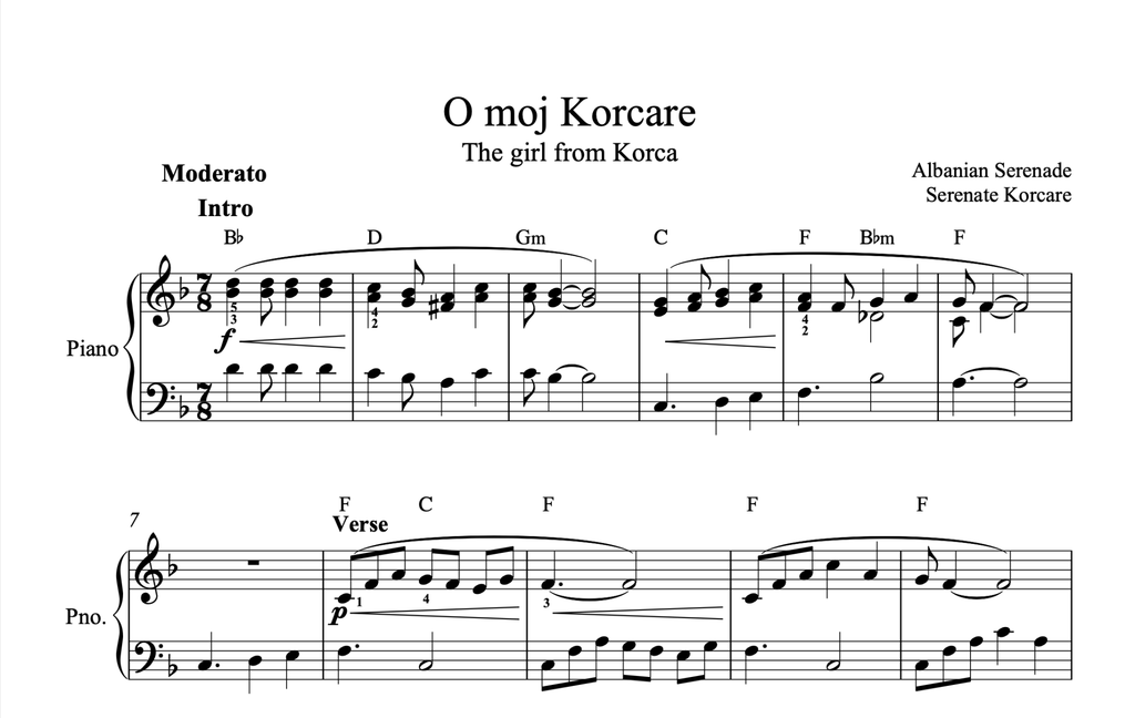 O moj Korcare, Piano sheet + Chords - Alb Music Notes