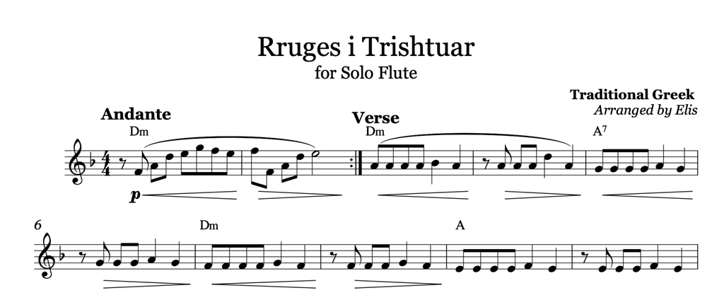 Rrugës i trishtuar, Flute sheet music - Alb Music Notes