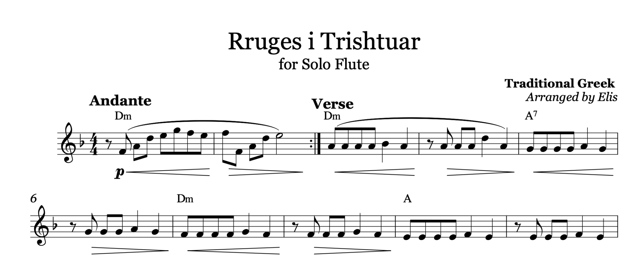 Rrugës i trishtuar, Flute sheet music - Alb Music Notes