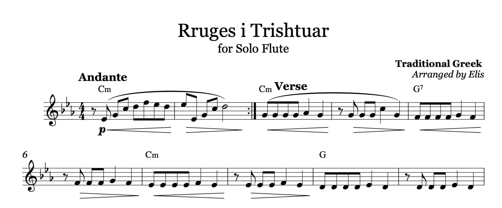 Rrugës i trishtuar, Flute sheet music - Alb Music Notes