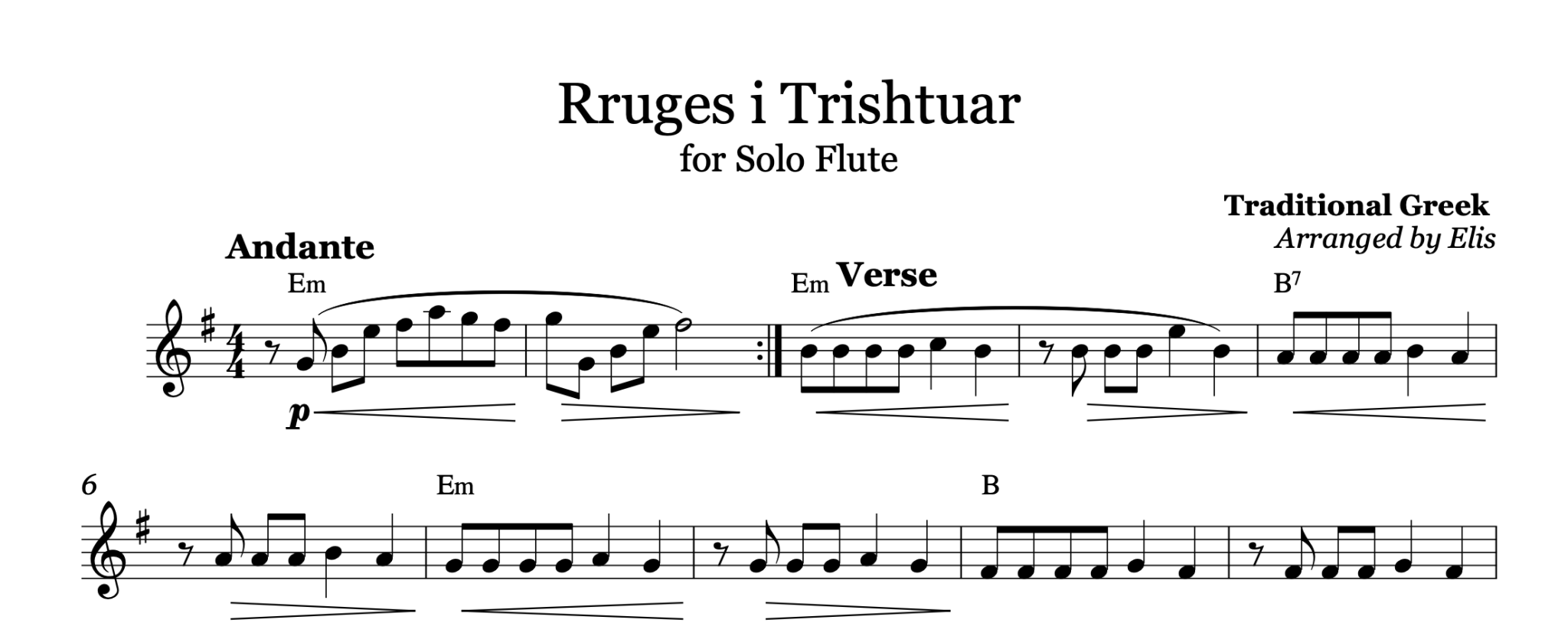 Rrugës i trishtuar, Flute sheet music - Alb Music Notes