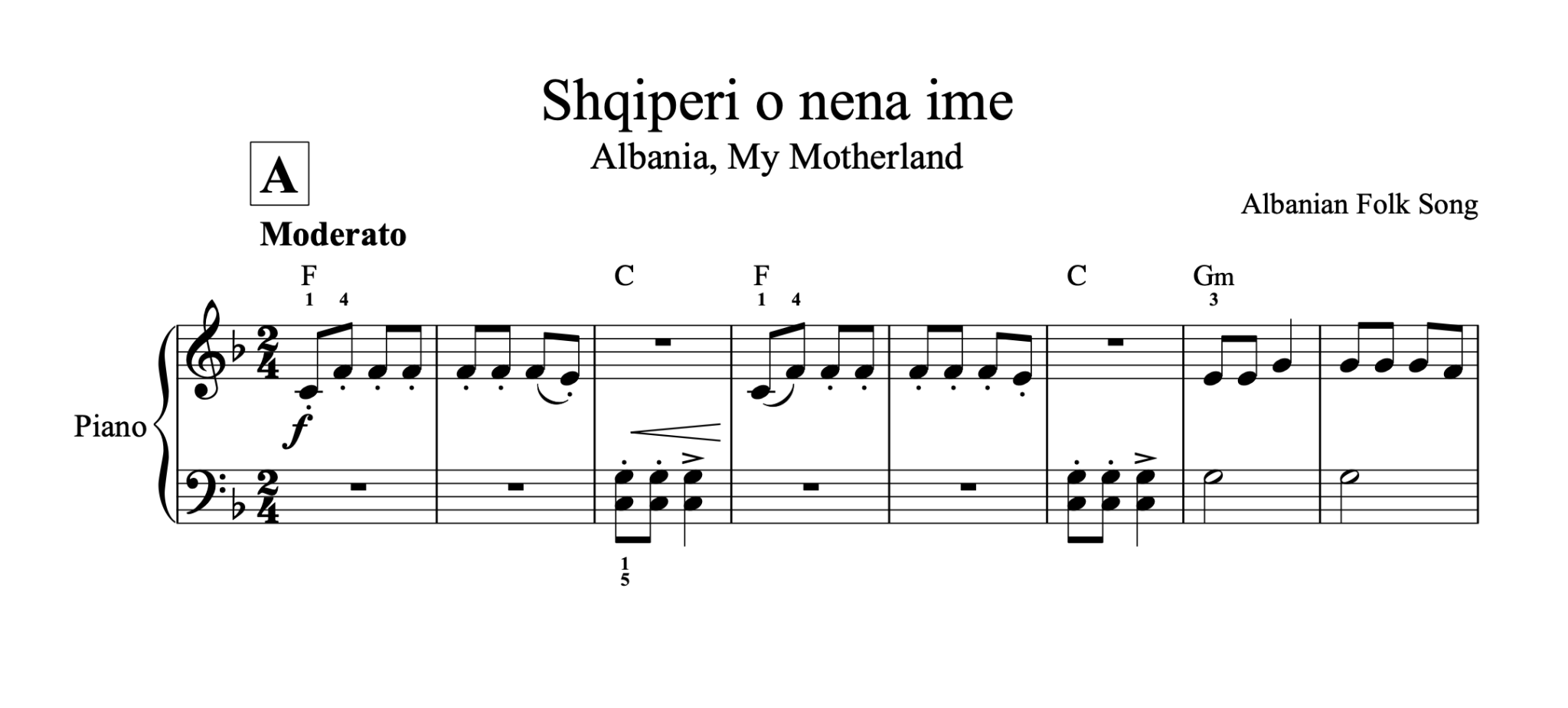 Shqiperi o nena ime, Piano sheet + chords - Alb Music Notes