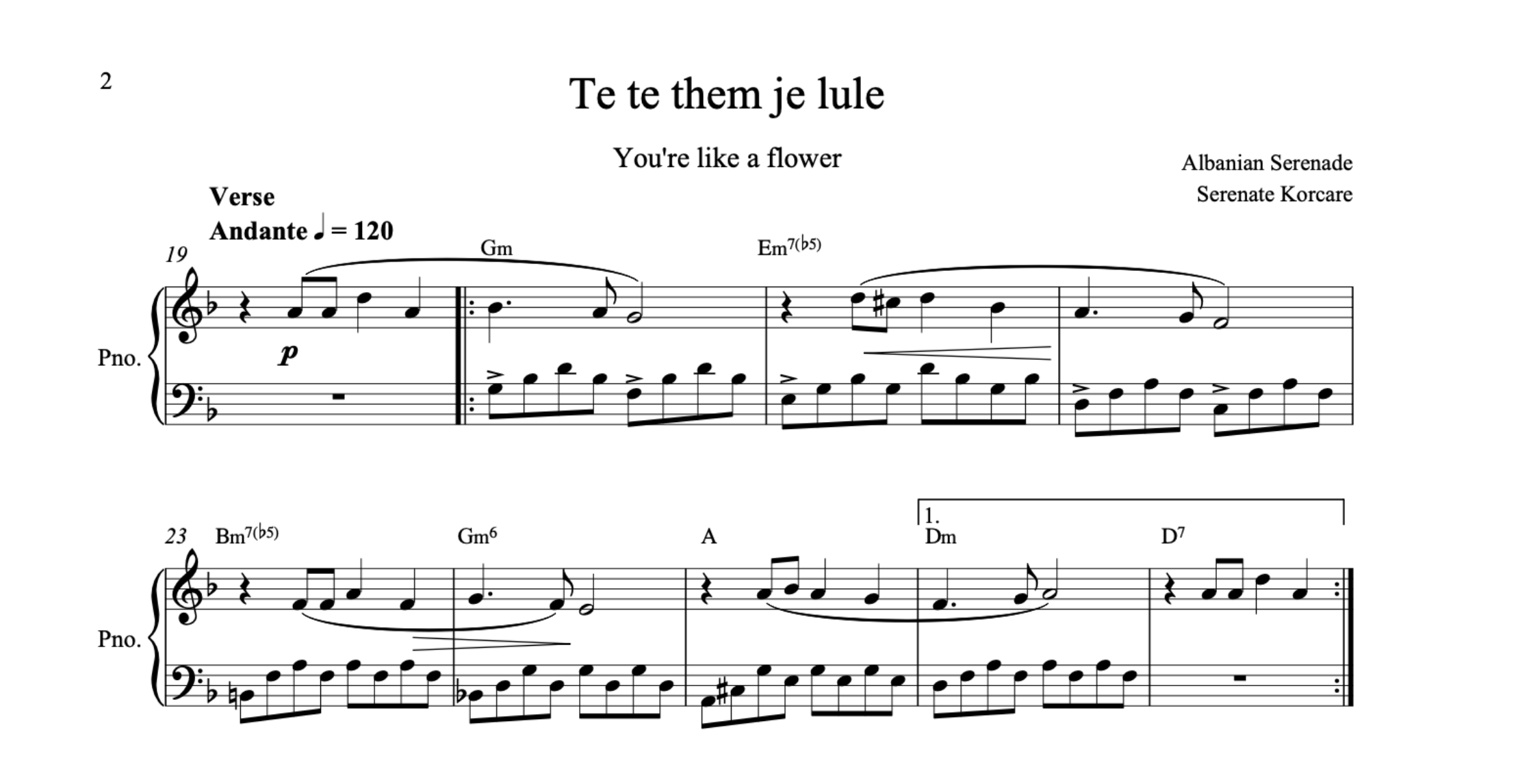 Të të them je lule, Albanian Piano Sheet Music