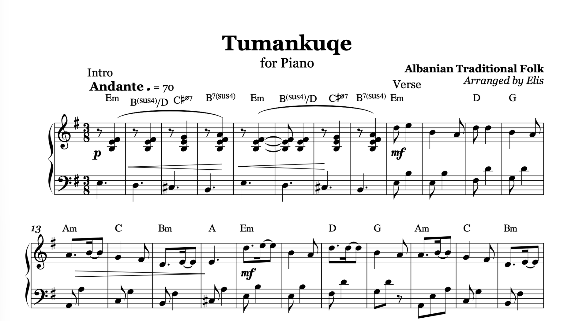Tumankuqe, Piano Sheet Music and Chords - Alb Music Notes