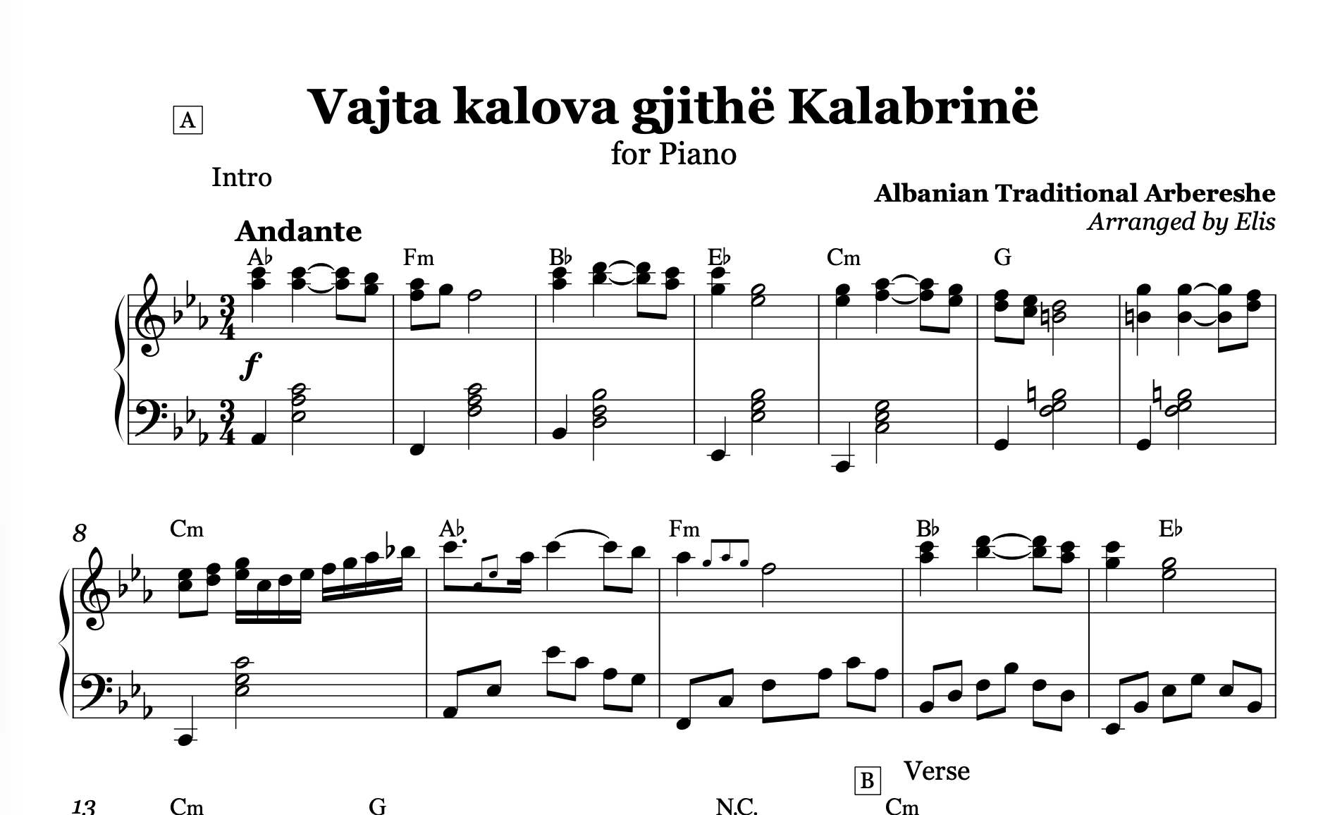 Vajta kalova gjithë Kalabrinë - Lule lule macë macë, Piano Sheet Music and Chords - Alb Music Notes