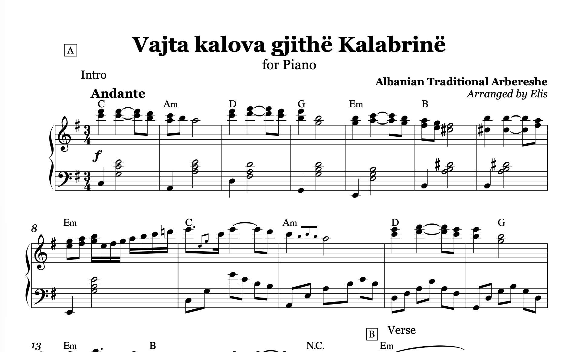Vajta kalova gjithë Kalabrinë - Lule lule macë macë, Piano Sheet Music and Chords - Alb Music Notes