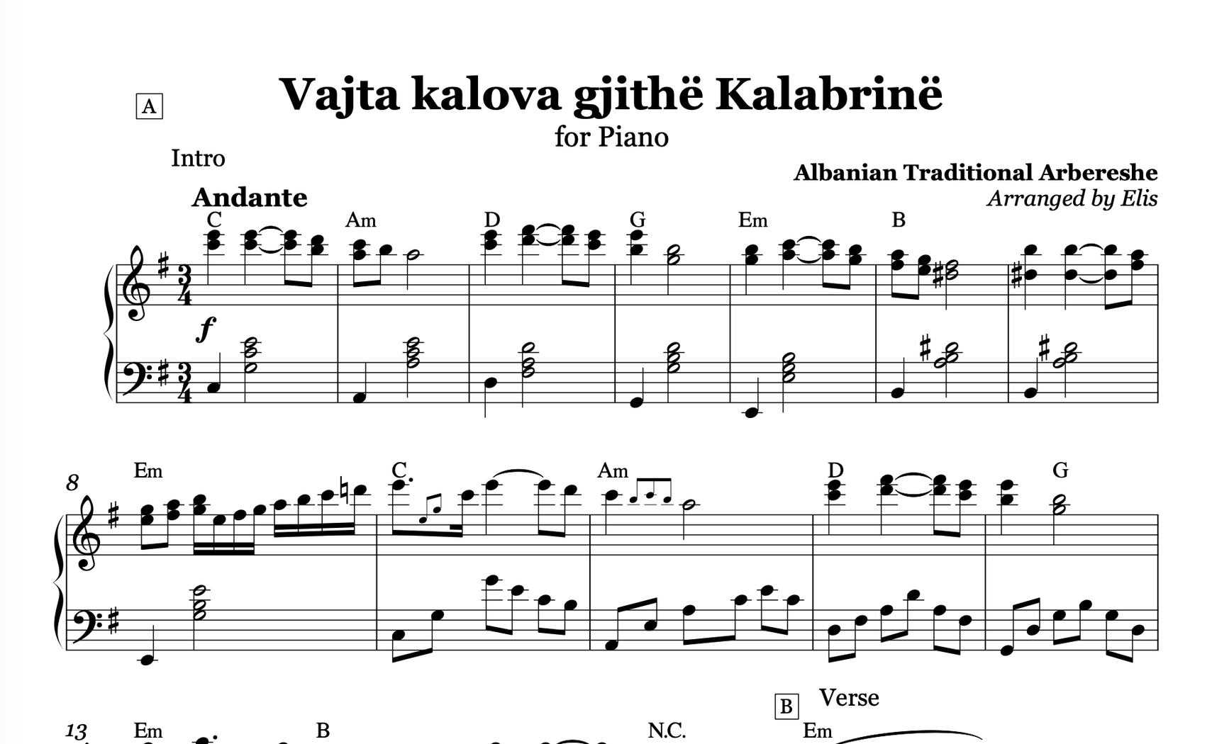 Vajta kalova gjithë Kalabrinë - Lule lule macë macë, Piano Sheet Music and Chords - Alb Music Notes