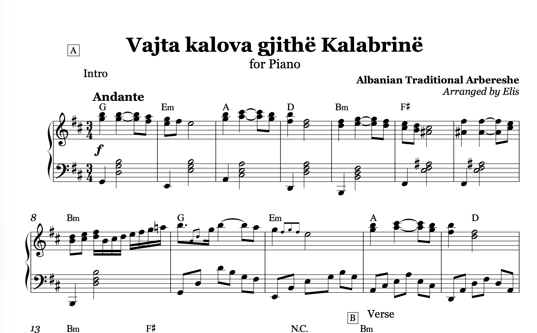 Vajta kalova gjithë Kalabrinë - Lule lule macë macë, Piano Sheet Music and Chords - Alb Music Notes