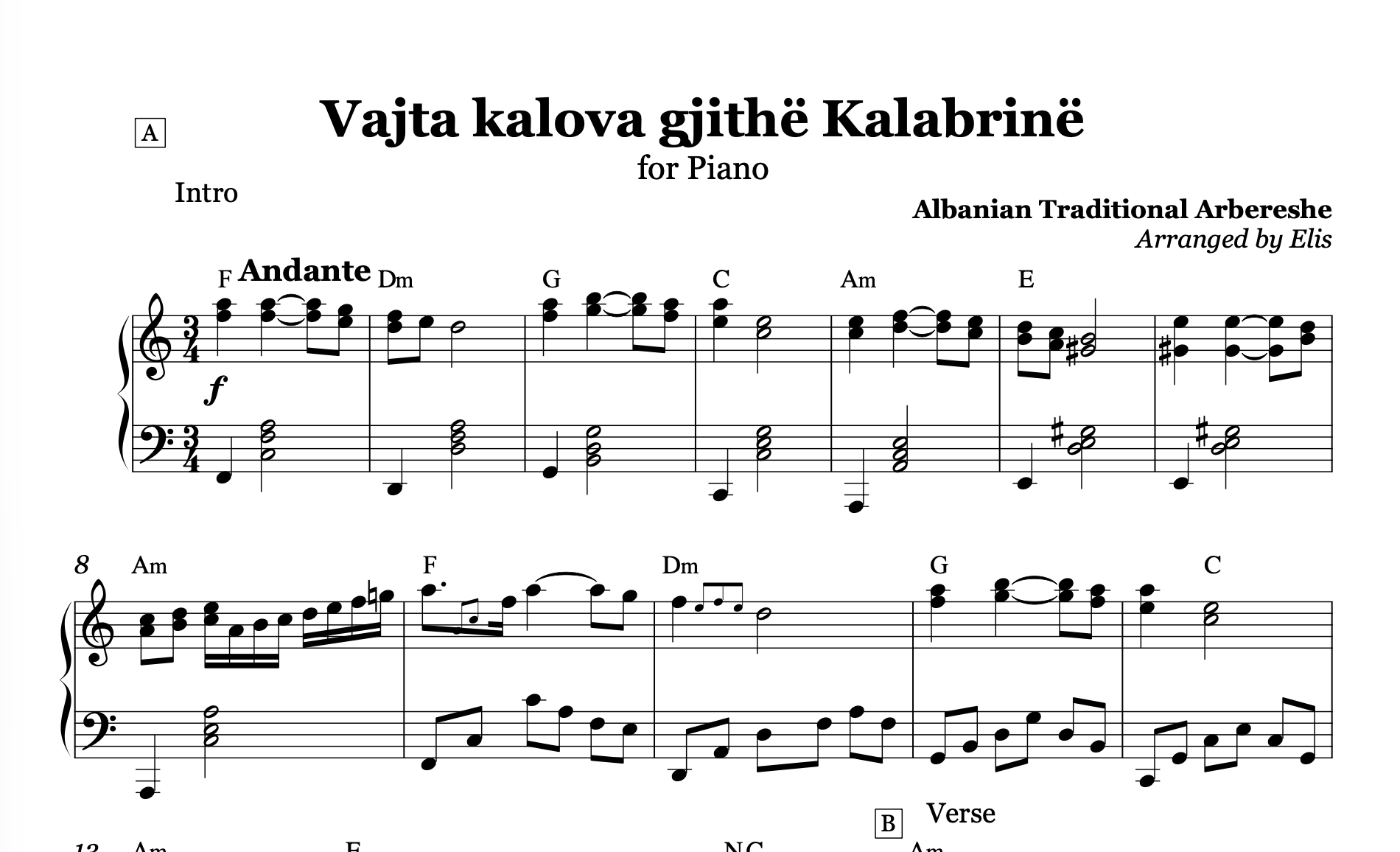 Vajta kalova gjithë Kalabrinë - Lule lule macë macë, Piano Sheet Music and Chords - Alb Music Notes