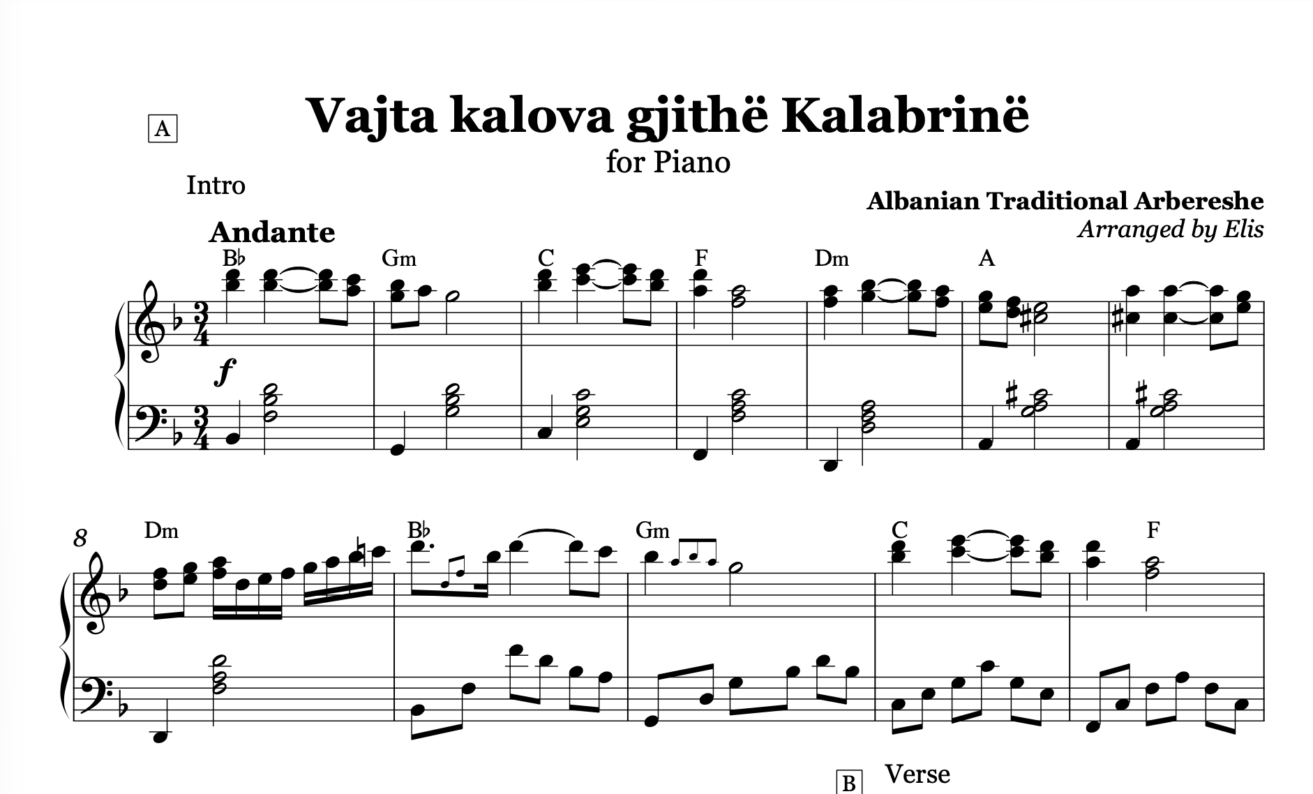 Vajta kalova gjithë Kalabrinë - Lule lule macë macë, Piano Sheet Music and Chords - Alb Music Notes