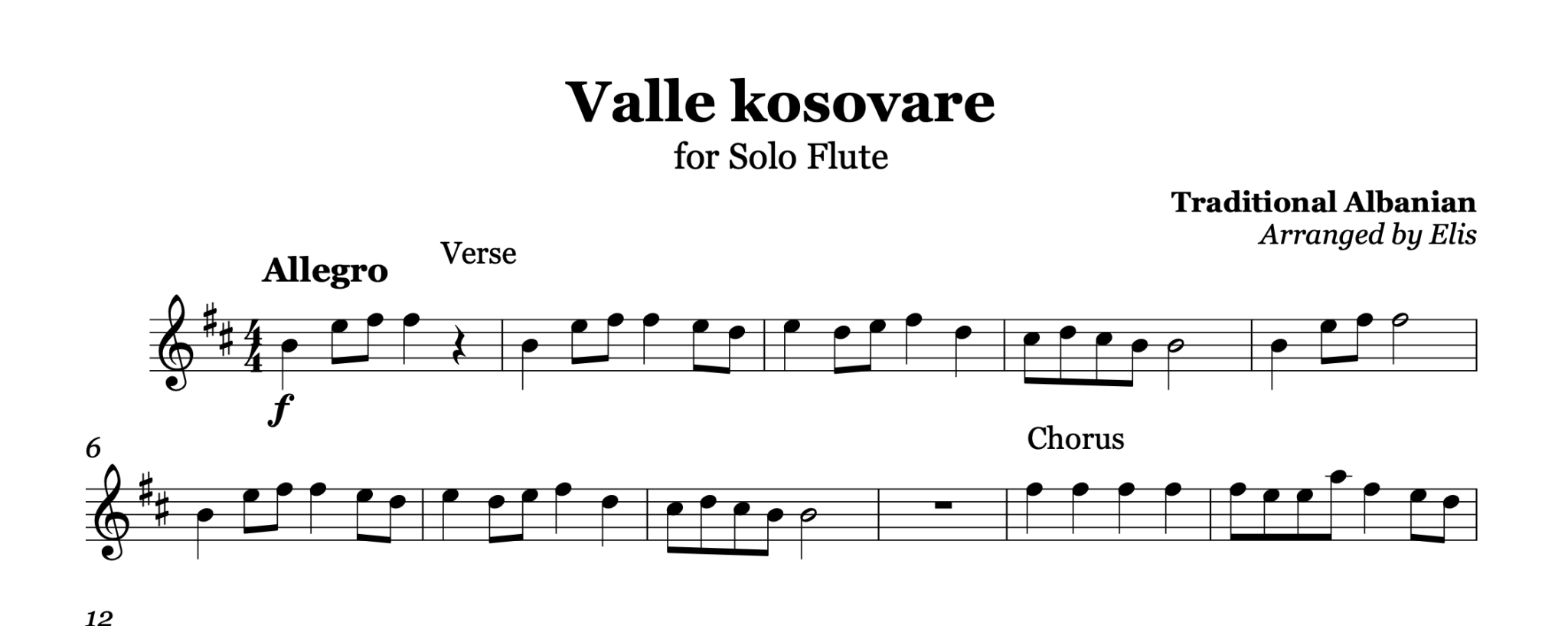 Valle kosovare, Flute Music Sheet - Alb Music Notes