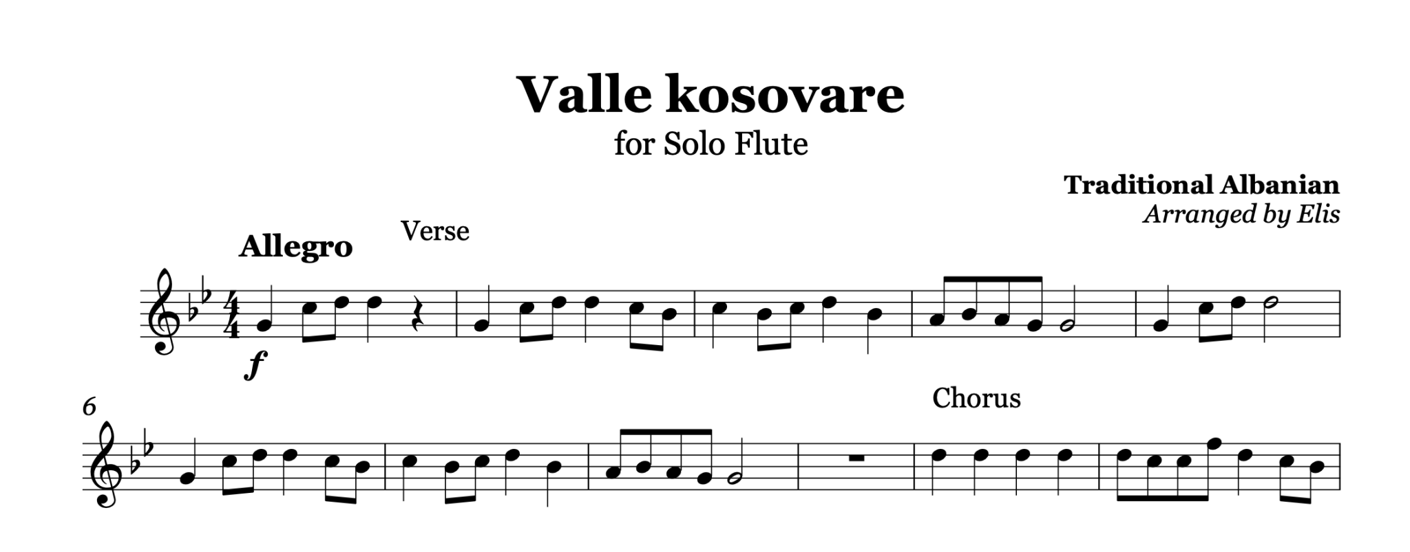 Valle kosovare, Flute Music Sheet - Alb Music Notes