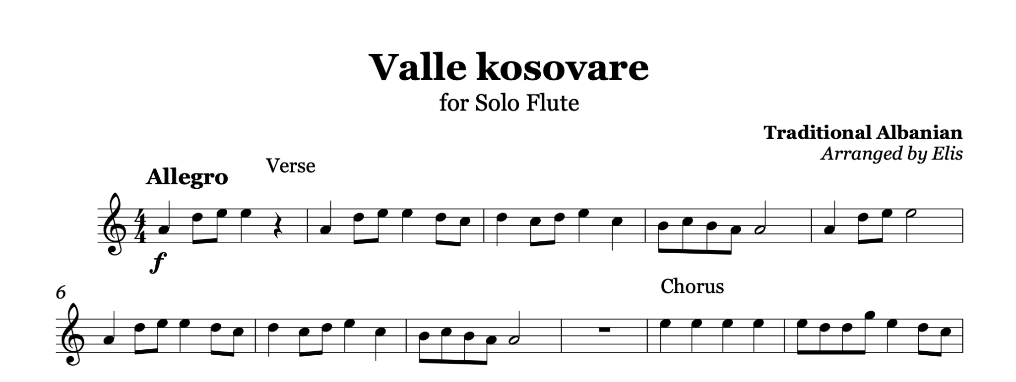 Valle kosovare, Flute Music Sheet - Alb Music Notes