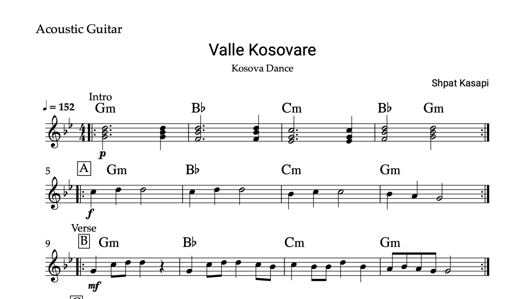 Valle Kosovare, Guitar Sheet Music and Chords - Alb Music Notes