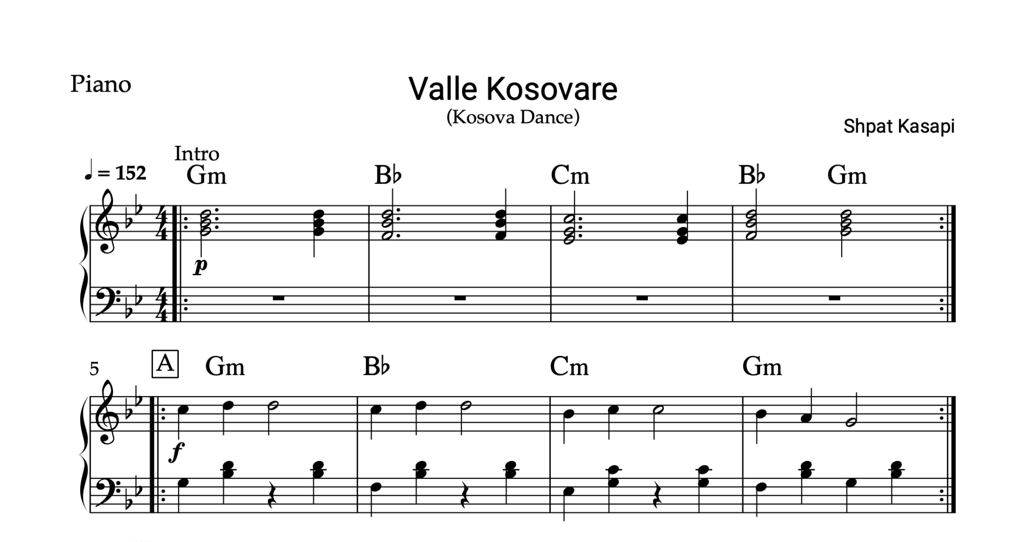 Valle Kosovare, Piano sheet + chords - Alb Music Notes