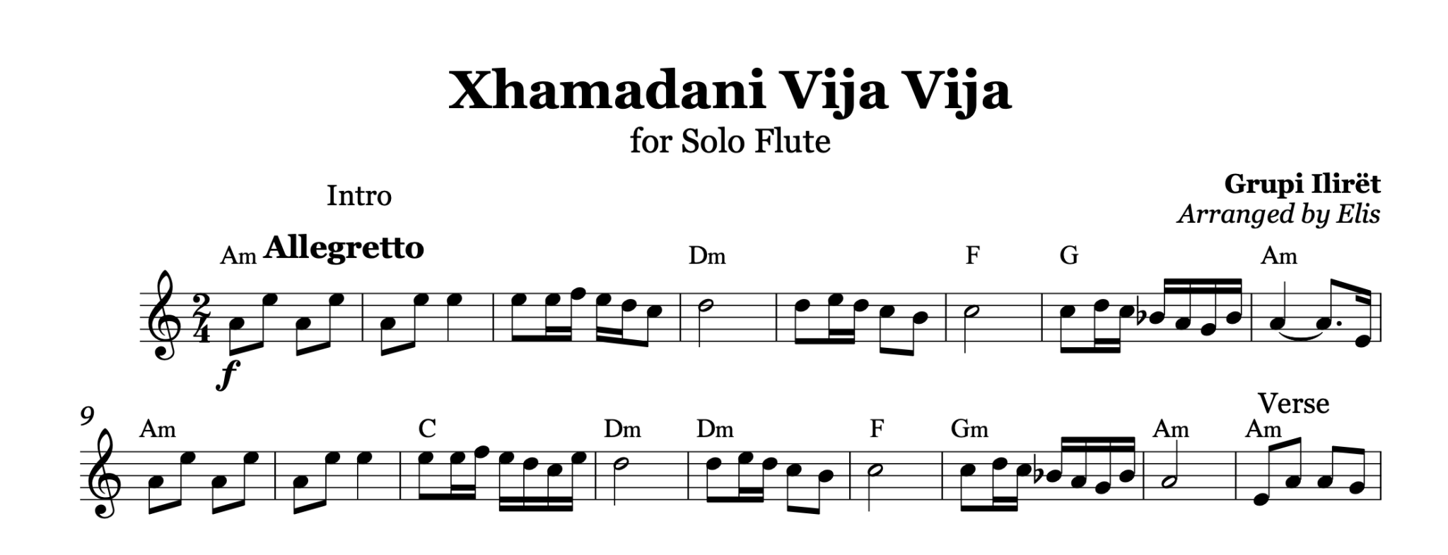 Xhamadani Vija Vija, Flute Sheet + Chords - Alb Music Notes