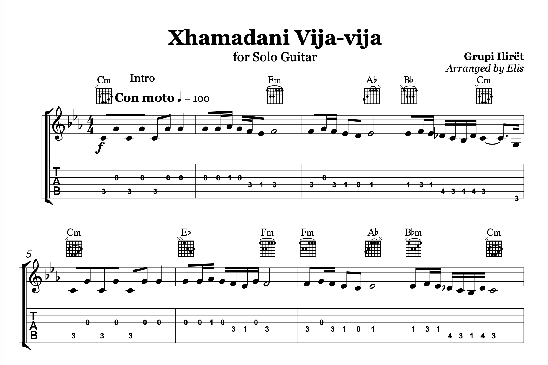 Xhamadani vija - vija, Guitar sheet + chords - Alb Music Notes