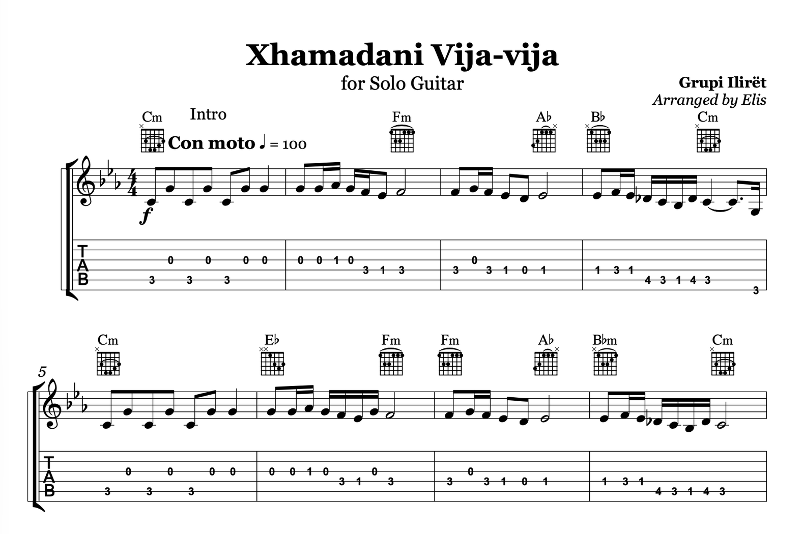 Xhamadani vija - vija, Guitar sheet + chords - Alb Music Notes