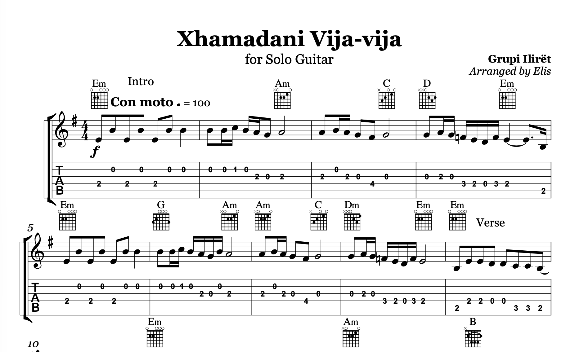 Xhamadani vija - vija, Guitar sheet + chords - Alb Music Notes