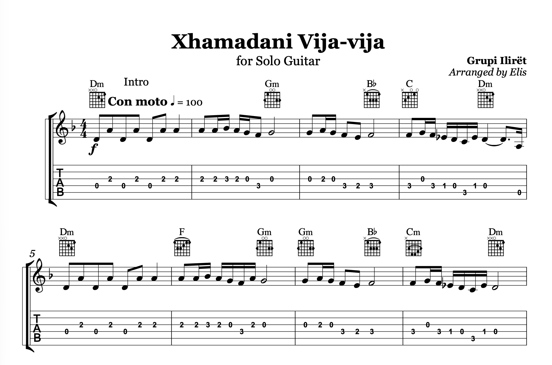 Xhamadani vija - vija, Guitar sheet + chords - Alb Music Notes