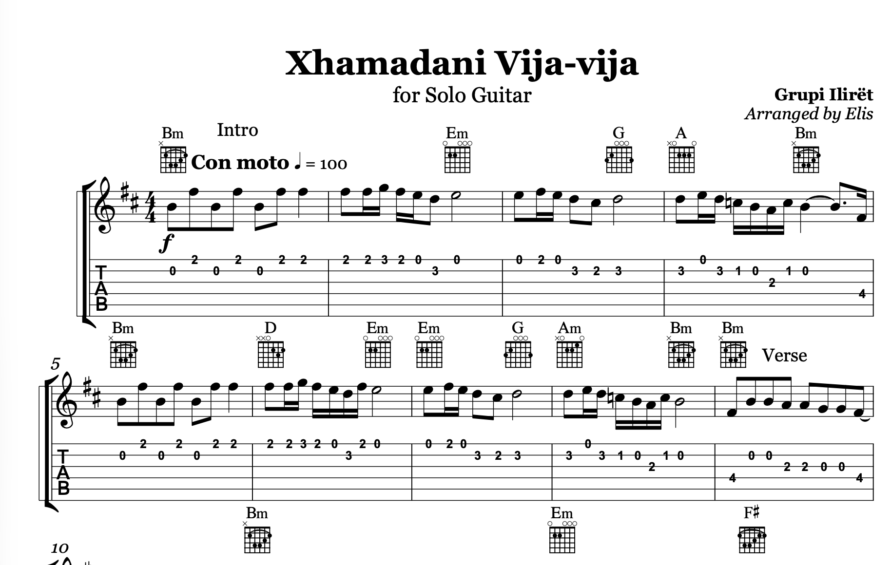 Xhamadani vija - vija, Guitar sheet + chords - Alb Music Notes