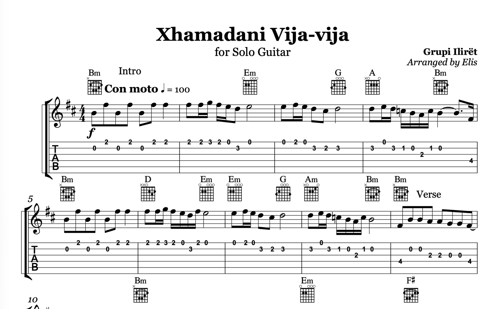Xhamadani vija - vija, Guitar sheet + chords - Alb Music Notes