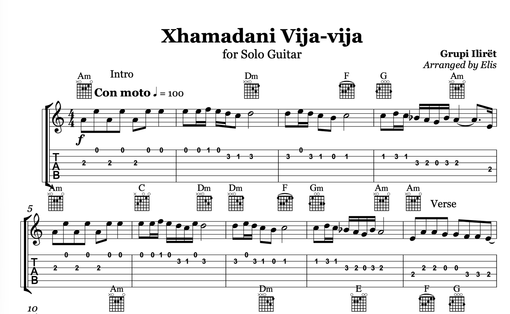 Xhamadani vija - vija, Guitar sheet + chords - Alb Music Notes