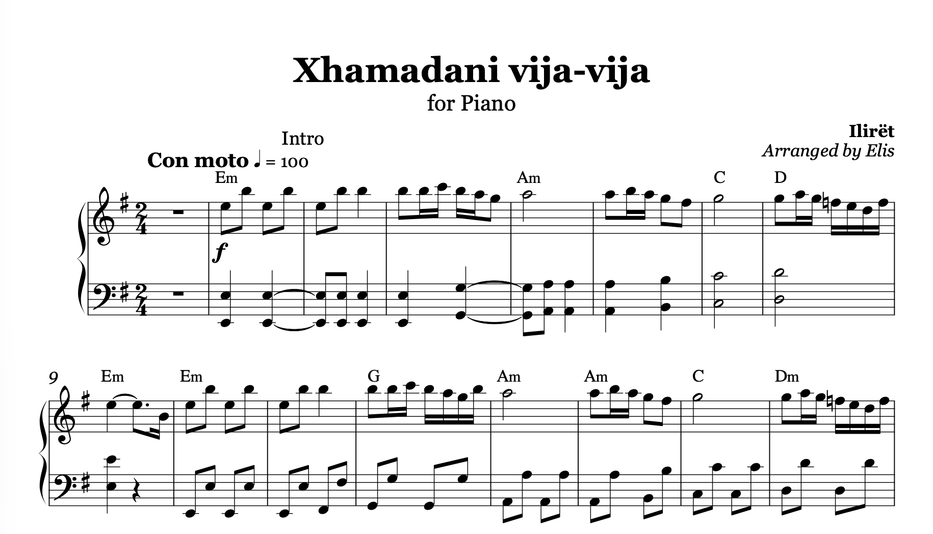 Xhamadani vija - vija, Piano sheet + Chords - Alb Music Notes
