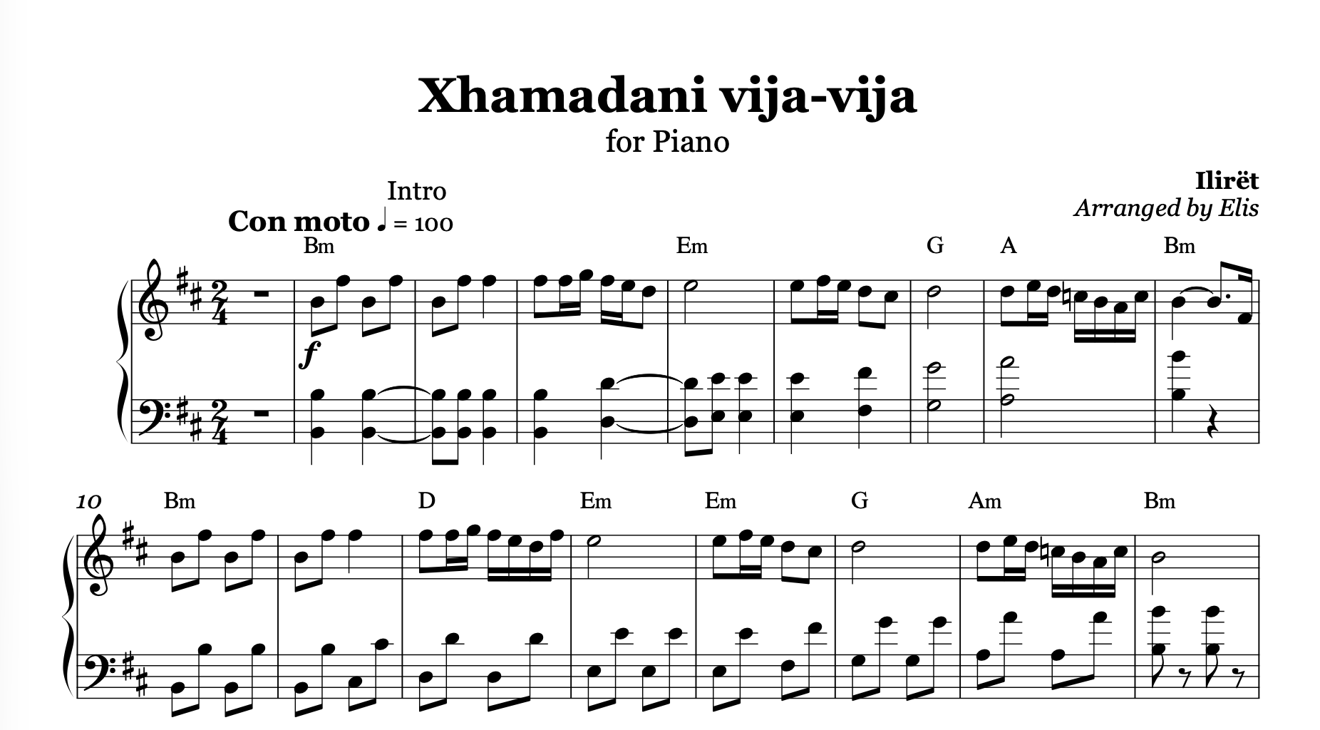 Xhamadani vija - vija, Piano sheet + Chords - Alb Music Notes
